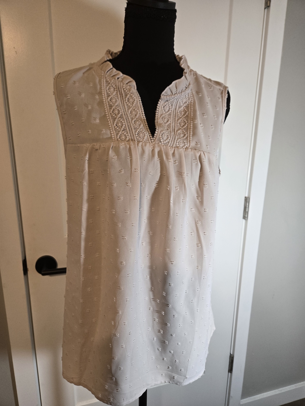 Falechay Blush Beige Swiss Dot Lace Placket Ruffle Neck Tank Blouse